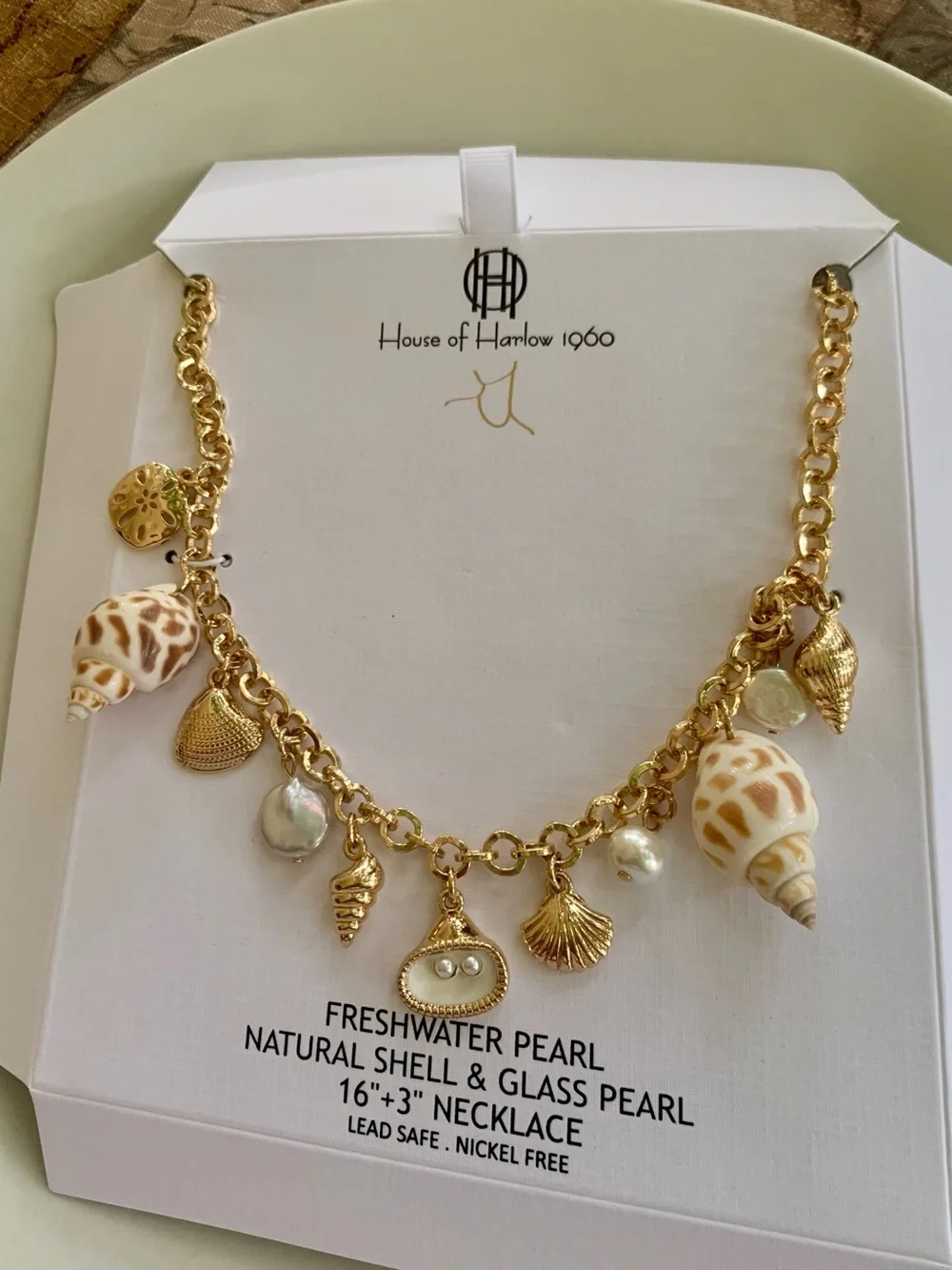 House of Harlow 1960 Gold Shell & Pearl Charm Statement Necklace